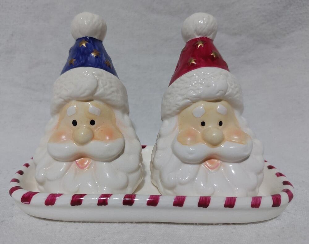 Vintage Santa Head Blue and Red Dish Candy Cane Christmas Holiday Salt & Pepper